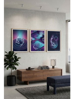 Tontilika Neo-Fütüristik Neon Balıklar ve Soyut Geometrik Desenler 3’lü Ahşap Çerçeveli Tablo Seti