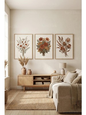 Tontilika Sıcak Tonlarda Sonbahar Botanik 3’lü Ahşap Çerçeveli Tablo Seti