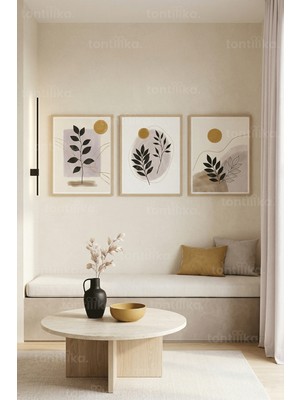 Tontilika Modern Stilize Bitki ve Soyut Formlar 3’lü Ahşap Çerçeveli Tablo Seti