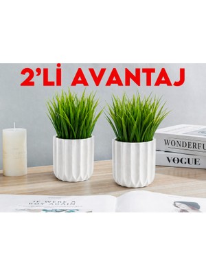 B&Nine 2’li Yapay Çim Saksı Seti Dekoratif Mini Yapay Bitki, Modern Beyaz Saksı