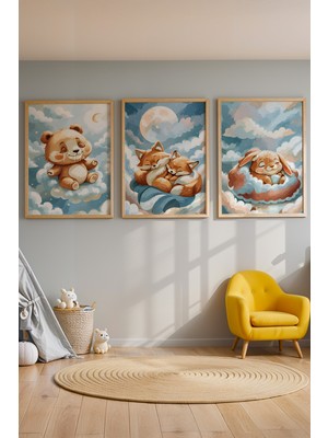 Tontilika Bebek ve Çocuk Odası Uykucu Hayvanlar Tema Ahşap Çerçeveli 3'lü Tablo Seti