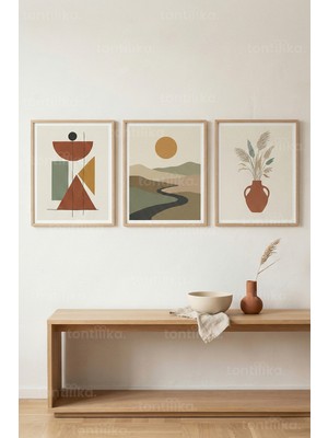 Tontilika Modern Akış 3’lü Ahşap Çerçeveli Tablo Seti - Modern Minimal Duvar Dekoru