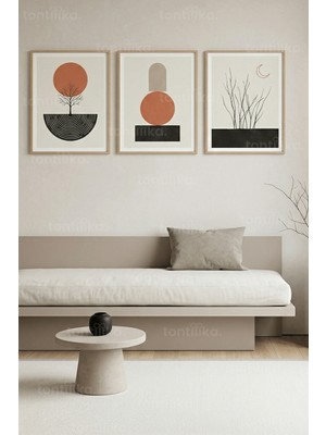 Tontilika Minimalist Doğa ve Geometrik Sanat 3’lü Ahşap Çerçeveli Tablo Seti