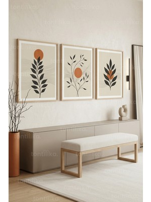 Tontilika Minimalist Botanik Soyut Geometrik 3’lü Ahşap Çerçeveli Tablo Seti