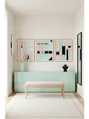 Tontilika Modern Pastel Geometrik Uyum 3’lü Ahşap Çerçeveli Tablo Seti