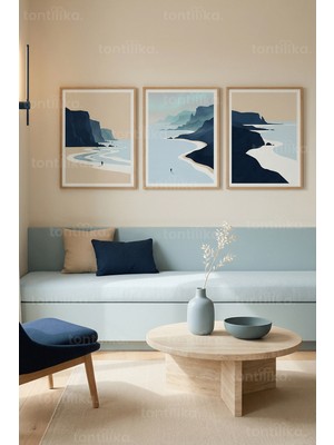 Tontilika Sakin Kıyı Manzaraları 3’lü Ahşap Çerçeveli Tablo Seti