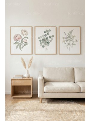 Tontilika Minimal Botanik Çiçek ve Yapraklar 3’lü Ahşap Çerçeveli Tablo Seti - Salon Duvar Dekoru
