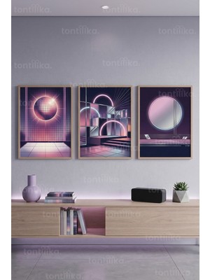 Tontilika Synthwave Geometri Neon 3’lü Ahşap Çerçeveli Tablo Seti