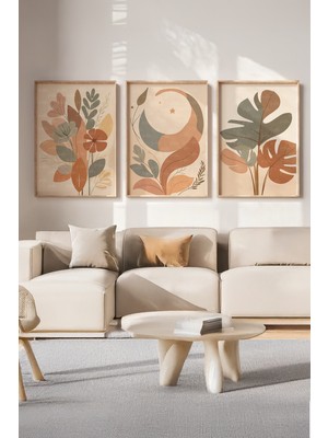 Tontilika Boho Minimal Bitki ve Ay 3 Parçalı Ahşap Çerçeveli Tablo Seti