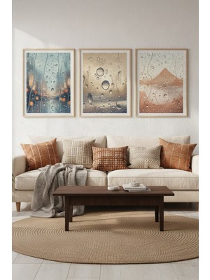 Tontilika Yağmur Damlası Manzara 3’lü Ahşap Çerçeveli Tablo Seti - Modern Salon Dekoru