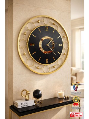 Wallover Design Luxera Timeless Gold Siyah Iskandinav Tarzı Kadranlı Metal Sessiz Duvar Saati - 62X62 cm