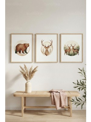 Tontilika Orman Hayvanları 3’lü Ahşap Çerçeveli Tablo Seti - Doğal Modern Duvar Dekoru