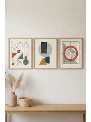 Tontilika Geometrik Denge 3’lü Ahşap Çerçeveli Tablo Seti – Modern Soyut Duvar Dekoru