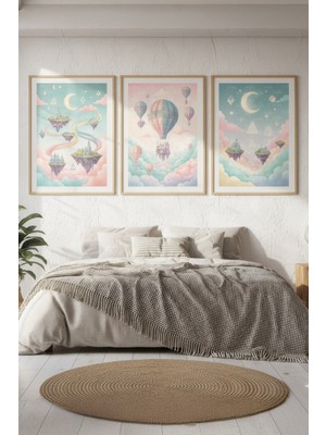 Tontilika Uçan Balon ve Ada Manzaralı 3’lü Modern Ahşap Çerçeveli Tablo Seti - Yatak Odası Dekoru