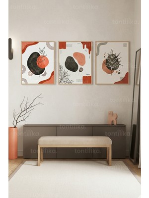 Tontilika Modern Soyut Botanik Formlar 3’lü Ahşap Çerçeveli Tablo Seti
