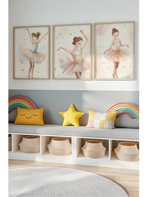 Tontilika Bebek ve Çocuk Odası Balerin Kızlar Tema Ahşap Çerçeveli 3'lü Tablo Seti