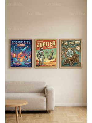 Tontilika Retro Gelecek Teması 3’lü Ahşap Çerçeveli Tablo Seti
