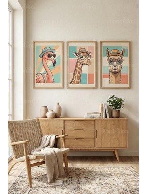 Tontilika Modern Şık Şapkalı ve Gözlüklü Hayvan Portreleri 3’lü Ahşap Çerçeveli Tablo Seti