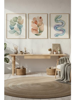 Tontilika Soyut Organik Formlar 3’lü Ahşap Çerçeveli Tablo Seti - Minimalist Dekor