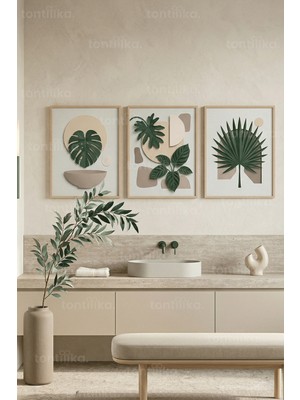 Tontilika Doğal Botanik ve Geometrik Formlar 3’lü Ahşap Çerçeveli Tablo Seti