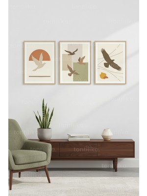 Tontilika Minimalist Kuş Sanatı 3’lü Ahşap Çerçeveli Tablo Seti