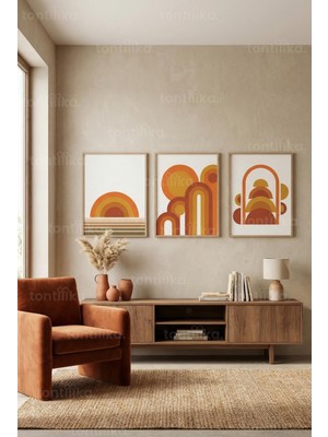 Tontilika Toprak Tonlarında Kemerli Gün Batımı 3’lü Ahşap Çerçeveli Tablo Seti