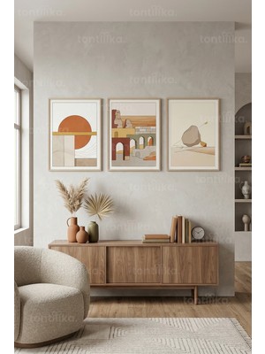 Tontilika Sakin Toprak Tonları ile Modern Soyut Geometrik 3’lü Ahşap Çerçeveli Tablo Seti
