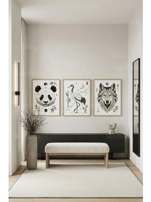 Tontilika Japon Esintili Geometrik Hayvan ve Doğa Temalı 3’lü Ahşap Çerçeveli Tablo Seti