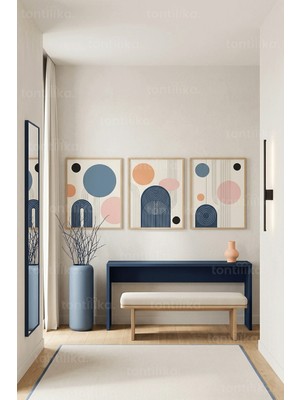 Tontilika Modern Antre Için Soyut Geometrik Şekiller 3’lü Ahşap Çerçeveli Tablo Seti