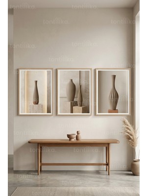 Tontilika Minimalist Doğal Estetik Soyut Vazolar 3’lü Ahşap Çerçeveli Tablo Seti