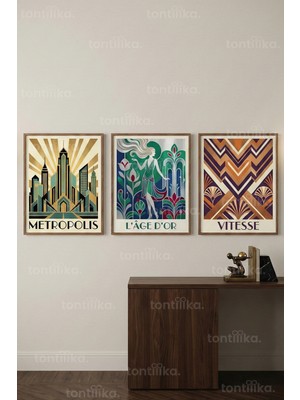Tontilika Retro Art Deco Şehir ve Figür 3’lü Ahşap Çerçeveli Tablo Seti