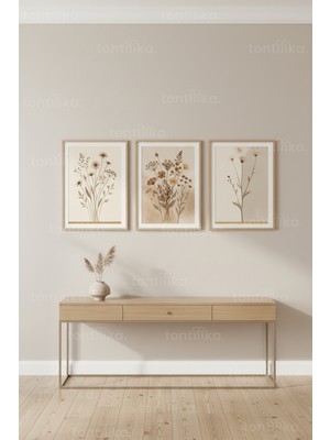 Tontilika Kurutulmuş Kır Çiçekleri Botanik 3’lü Ahşap Çerçeveli Tablo Seti