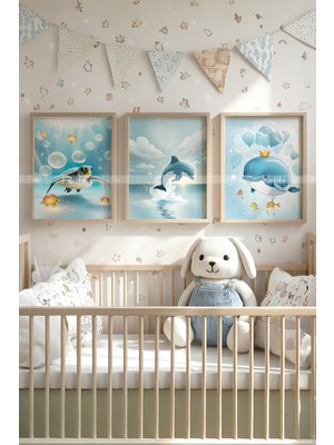 Tontilika Okyanus Dostları 3’lü Ahşap Çerçeveli Dekoratif Tablo Seti