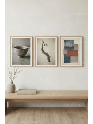 Tontilika Wabi-Sabi Dokular & Organik Objeler 3’lü Ahşap Çerçeveli Tablo Seti - Modern Duvar Dekoru