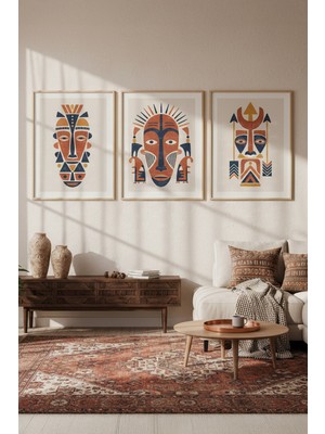 Tontilika Afrika Maskesi Tribal Sanat 3’lü Ahşap Çerçeveli Tablo Seti