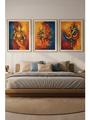 Tontilika Hint Mitolojisi 3’lü Ahşap Çerçeveli Tablo Seti - Manevi ve Dini Sanat