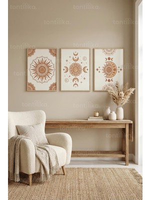 Tontilika Göksel Bohem Güneş ve Ay Motifli 3’lü Ahşap Çerçeveli Tablo Seti