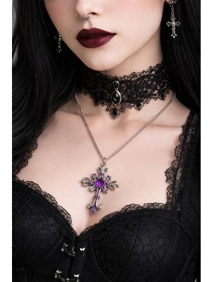 Herşey Nota Mor Renk Kaplama Gotik Haç Kolye Unisex Metal Zincir Aksesuar