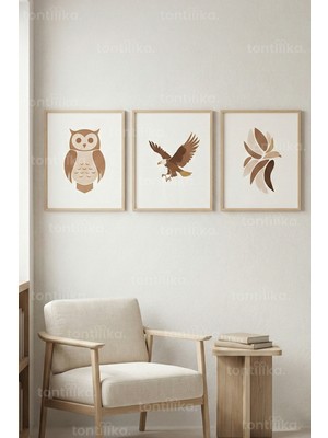 Tontilika Doğadan Ilhamlı Hayvan Figürleri 3’lü Ahşap Çerçeveli Tablo Seti – Minimal Duvar Dekoru