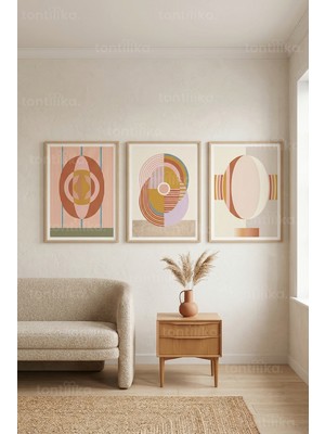 Tontilika Bohem Modern Soyut Geometrik 3’lü Ahşap Çerçeveli Tablo Seti
