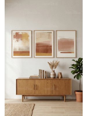 Tontilika Soyut Toprak Tonları 3’lü Ahşap Çerçeveli Tablo Seti