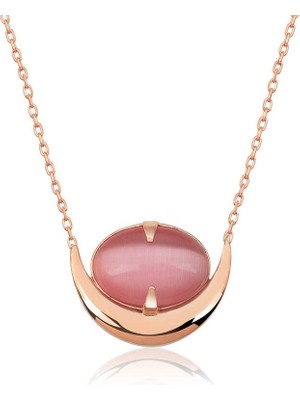 Siv Ticaret 925 Ayar Gümüş Pembe Kedi Gözü Taşlı Hilal Kolye