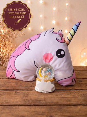 Rüya Kıyısı Kişiye Özel Işıklı Orta Boy Unicorn Kar Küresi ve Unicorn Yastık – Sevgiliye Arkadaşa Doğum Günü Hediyesi