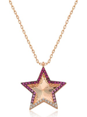 Siv Ticaret 925 Ayar Gümüş Pembe Fırfır Desenli Yıldız Kadın Gümüş Kolye