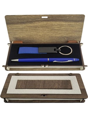 Siv Ticaret Ahşap Kutulu Mavi Kalem Anahtarlık Set