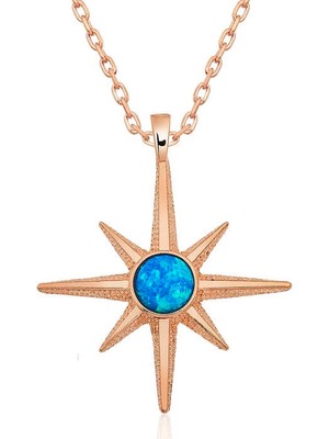 Siv Ticaret ​gümüş Rose Mavi Opal Taşlı Kutup Yıldızı Kolye