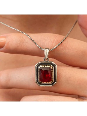 Siv Ticaret Gümüş Kırmızı Taşlı Dikdörtgen Kadın Kolye