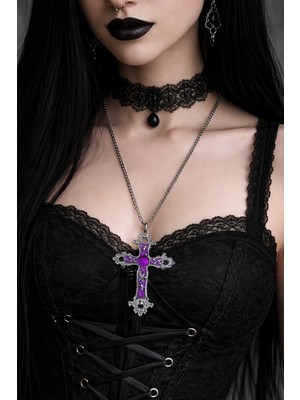 Herşey Nota Gotik Haç Kolye Mor Detaylı Metal Unisex Zincirli Kolye