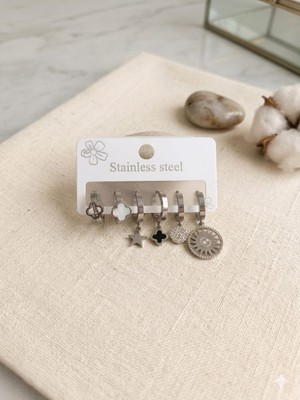 Nati Co 6'lı Çelik Küpe Seti - Güneş, Yıldız ve Yonca Figürlü Sallantılı Halka Küpe Kombini