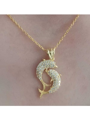 Siv Ticaret Gümüş Gold Çift Yunus Balığı Kadın Kolye